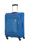 Blue suitcase with wheels and handle on a white background