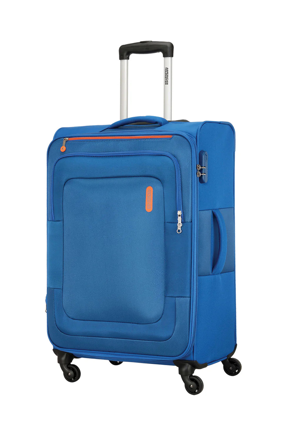 Blue suitcase with wheels and handle on a white background